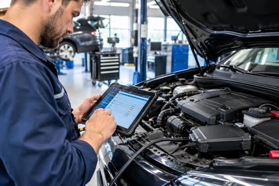 Mechaniker liest mit Tablet und Diagnosegerät den Fehlerspeicher aus