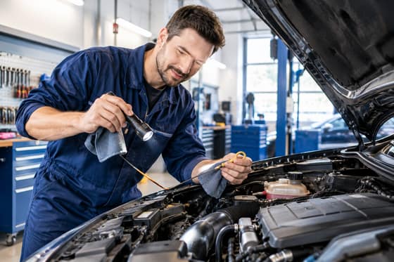Mechaniker prüft unter der Motorhaube den Ölstand
