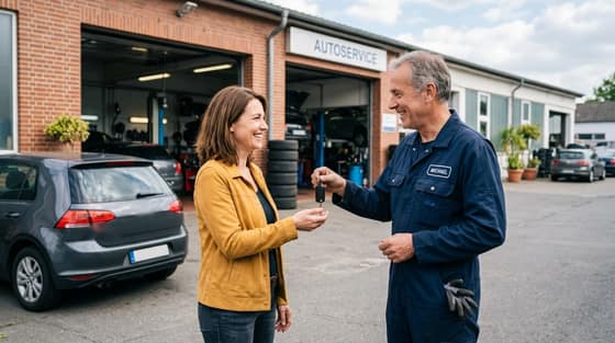 Mechaniker übergibt einer Kundin lächelnd den Autoschlüssel vor der Werkstatt