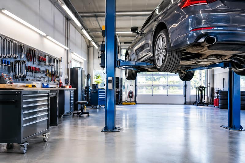 Helle, aufgeräumte Werkstatthalle mit Auto auf der Hebebühne