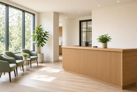 Heller Empfang mit Holztheke und Wartebereich