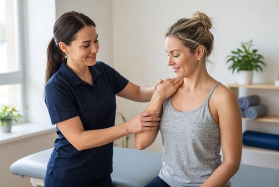 Physiotherapeutin behandelt die Schulter einer Patientin