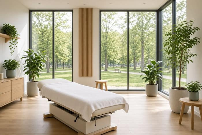 Heller Behandlungsraum mit Liege, Pflanzen und großen Fenstern zum Park
