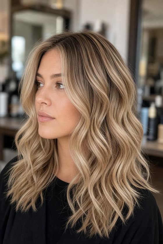 Lange blonde Balayage mit weichen Wellen