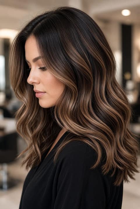 Kundin mit langen braunen Haaren und weicher Balayage im Salon