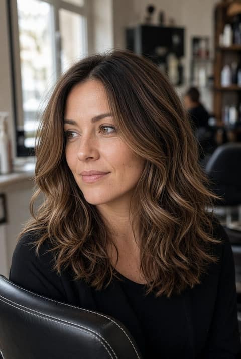 Kundin mit frisch gestylten, gewellten Haaren im Salonstuhl