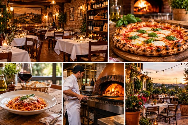 Collage mit Gastraum, Pizza, Pasta, Holzofen und Terrasse