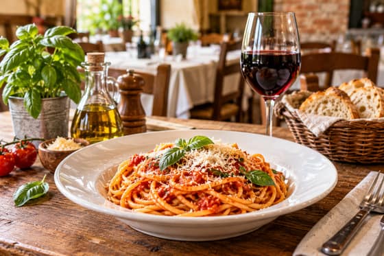 Spaghetti mit Tomatensoße, Parmesan und einem Glas Rotwein