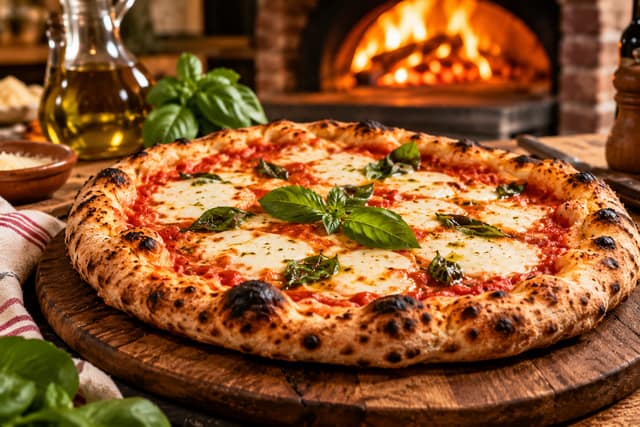 Pizza Margherita mit Basilikum vor dem Holzofen