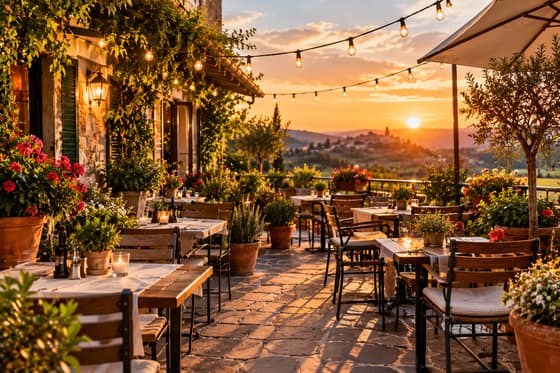 Terrasse mit Lichterkette und Pflanzen im Abendlicht