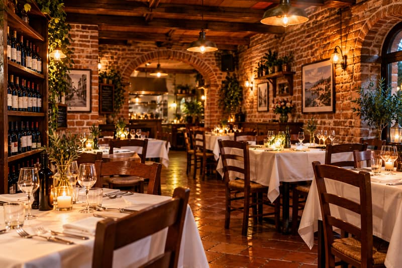 Gemütlicher Gastraum der Trattoria am Abend mit gedeckten Tischen, Kerzen und Backsteinwand