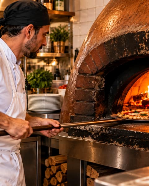 Koch in weißer Schürze schiebt eine Pizza in den Holzofen